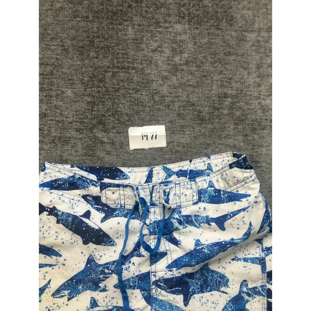 L.L. Bean Swim Trunks Boys 18 White Blue Shark Print Beach Wear Drawstring Waist